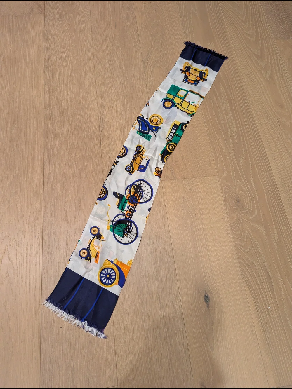 Silk-Feel Printed Car Motif Scarf - Navy, White, Gold